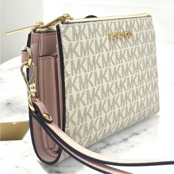 Michael Kors Large Jet Set Travel Double Zip Wallet Powder Blush Multi - Picture 4 of 9